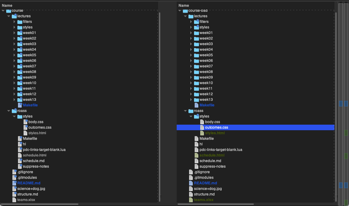 Meld comparing two folders with one one or more differences.