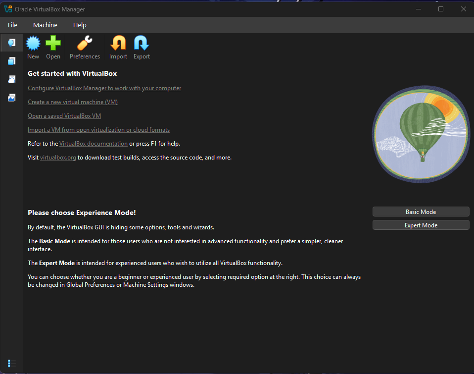 VirtualBox’s main window.