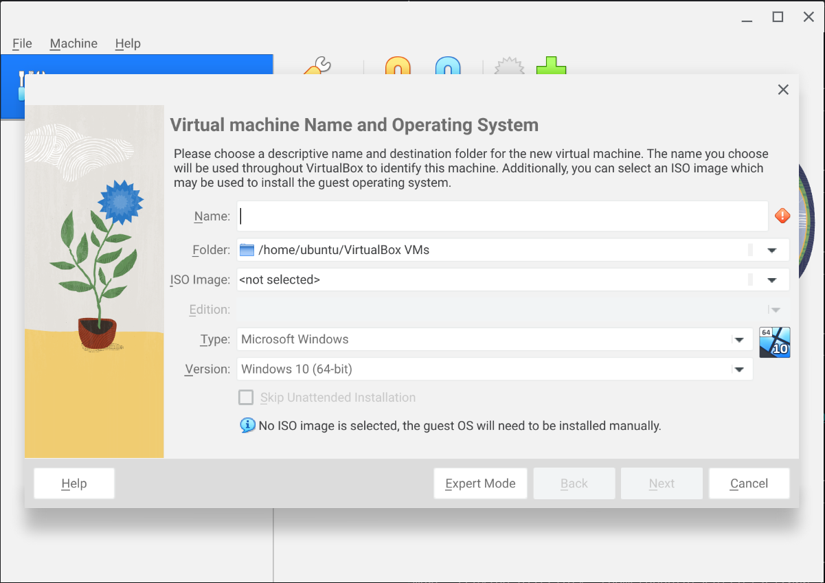 Creating a new VM in VirtualBox.